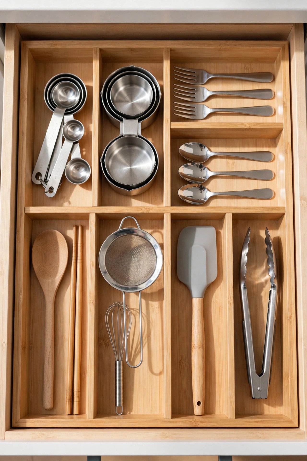 Kitchen drawer organized with bamboo dividers