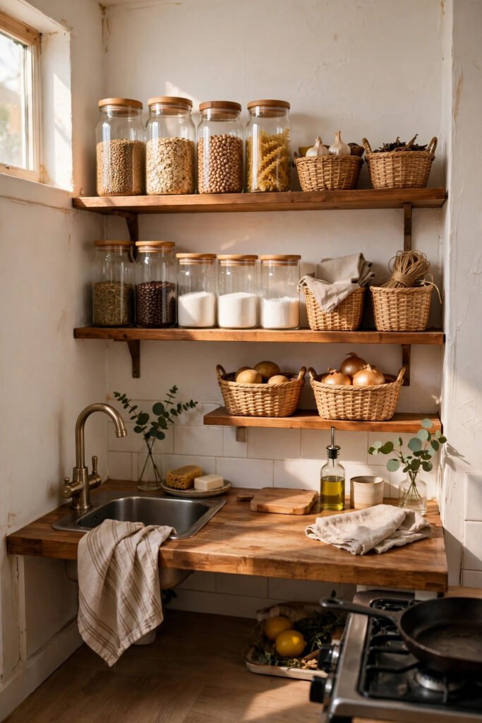 Small rental kitchen with organized open shelves and labeled jars