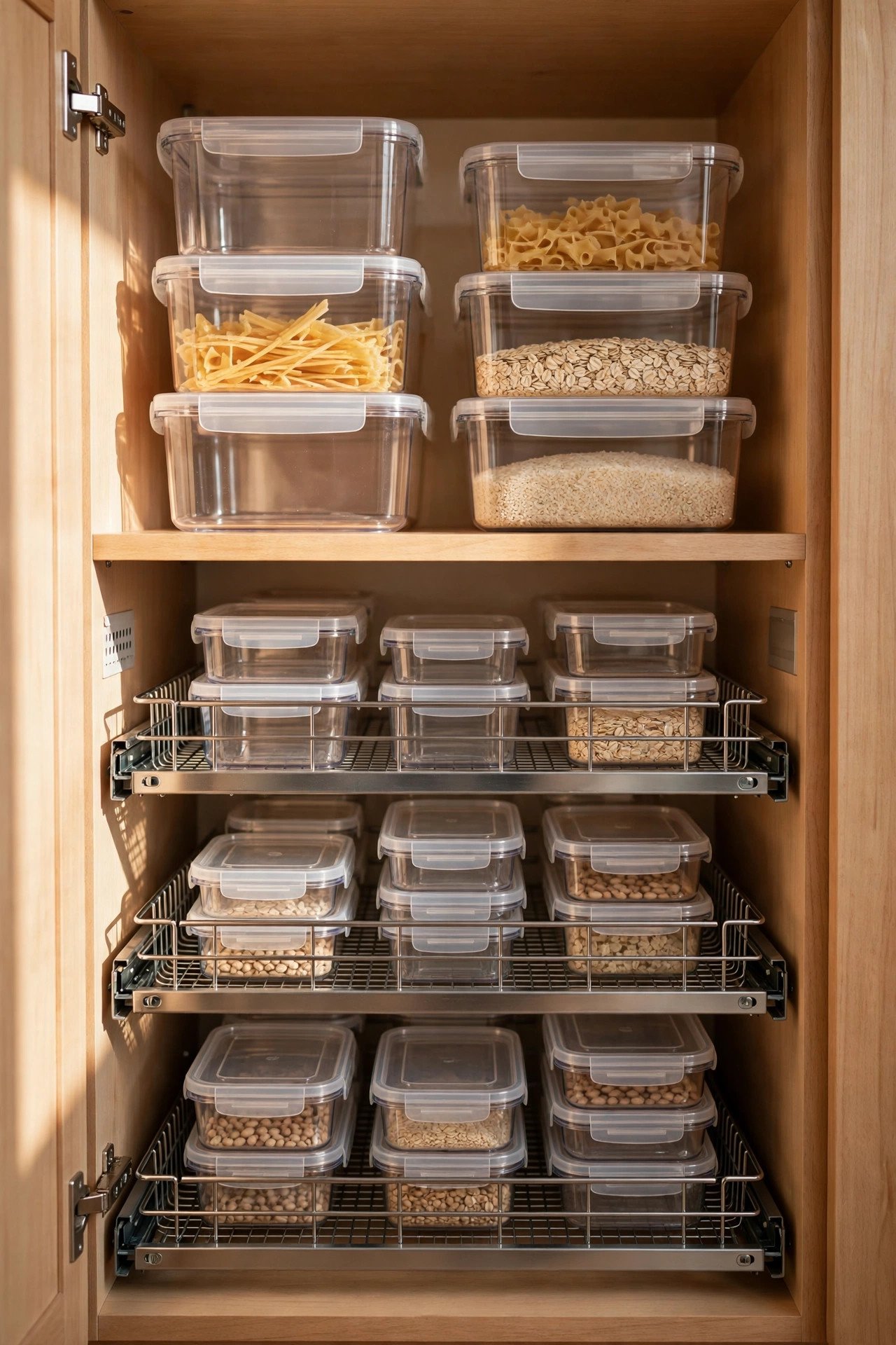 Small kitchen cabinet with stackable clear containers