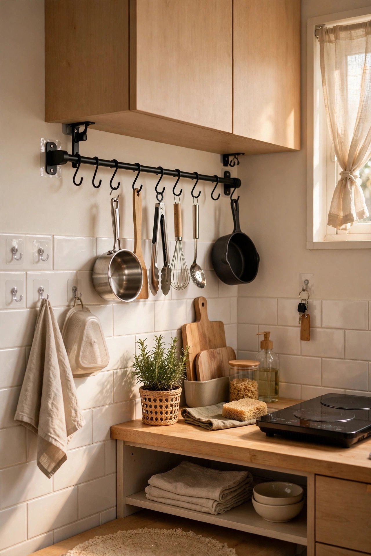 No-drill adhesive hooks and hanging rail in a renter friendly kitchen