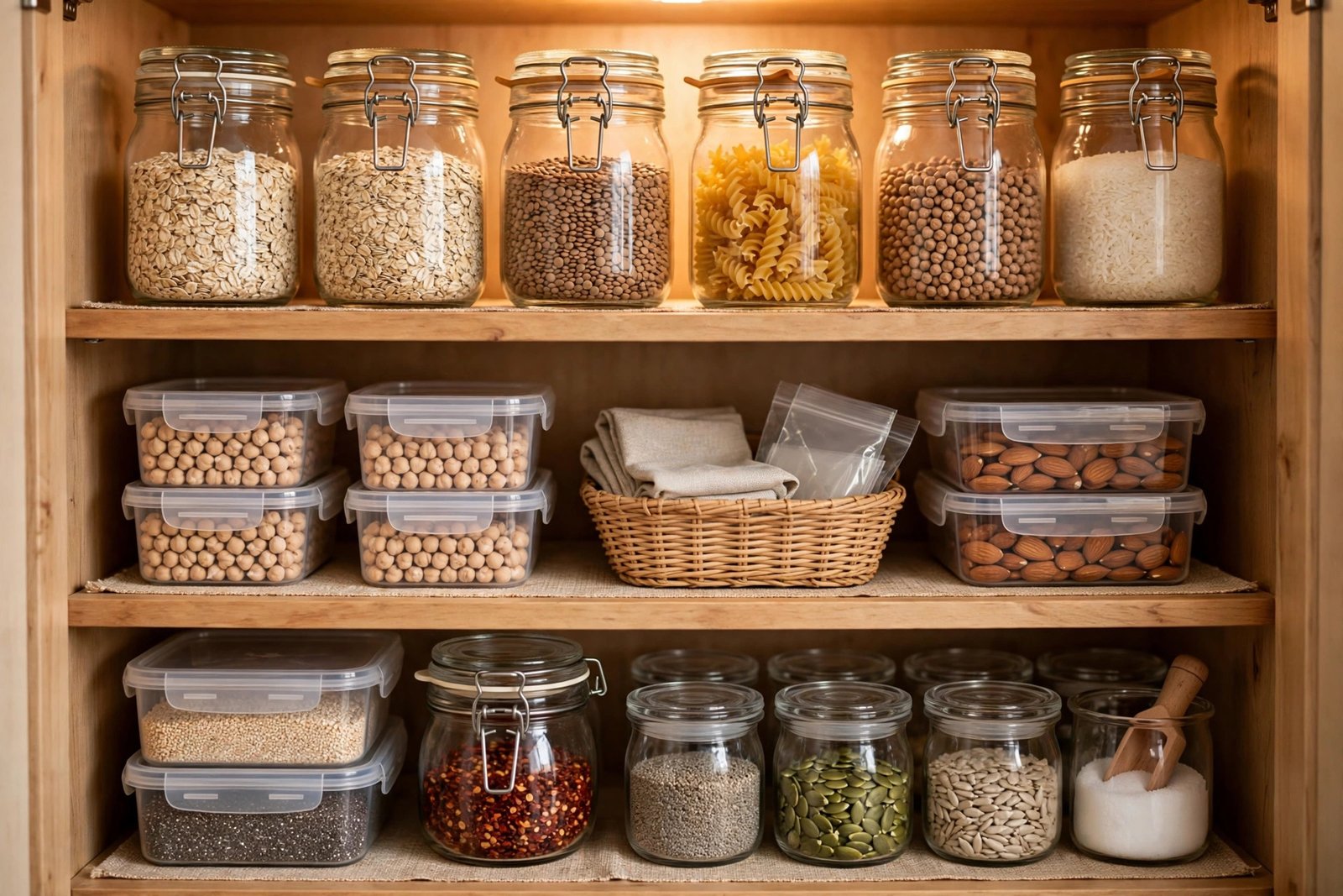 Small pantry shelf with labeled storage jars