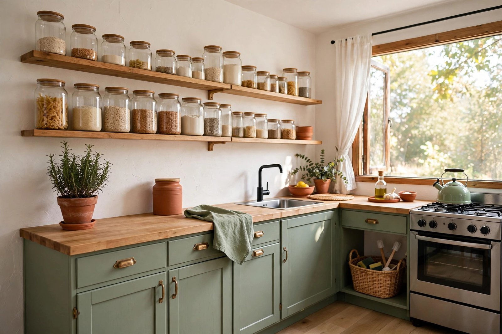 Organized tiny kitchen with storage jars
